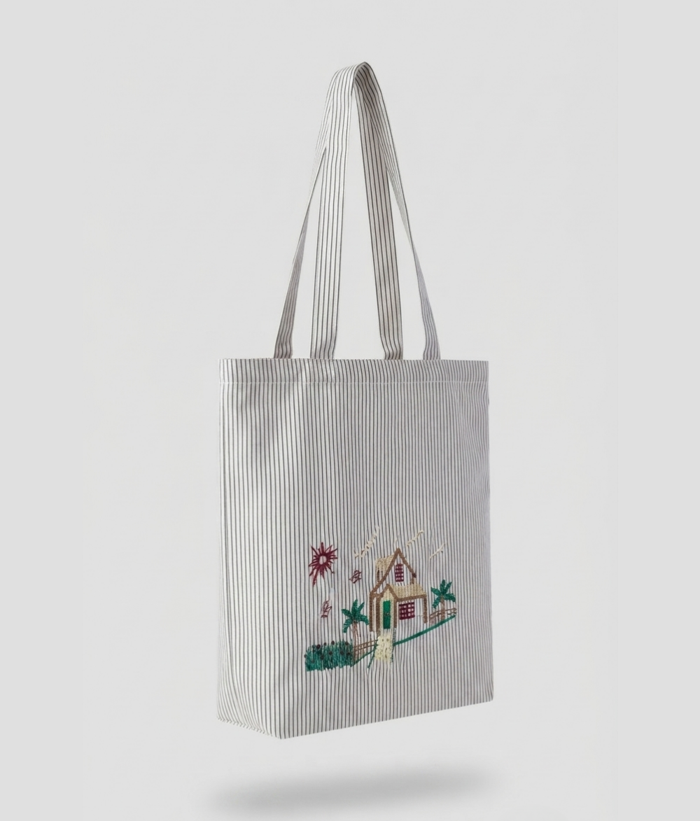 Premium Pinstripe Tote Bag | Textured Cotton Canvas Shoulder Bag