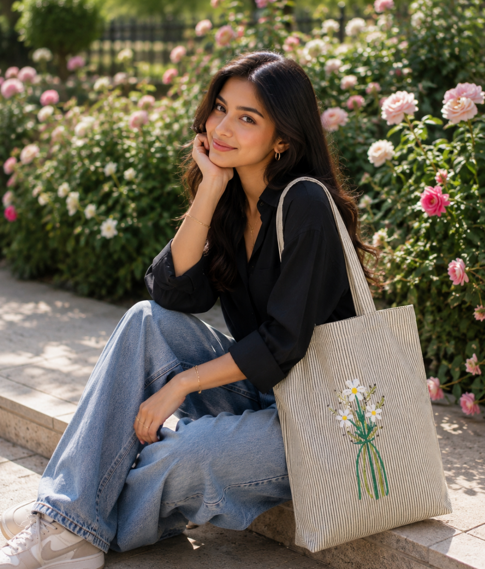 Floral Striped Cotton Tote Bag | Beige Cotton Shoulder Bag