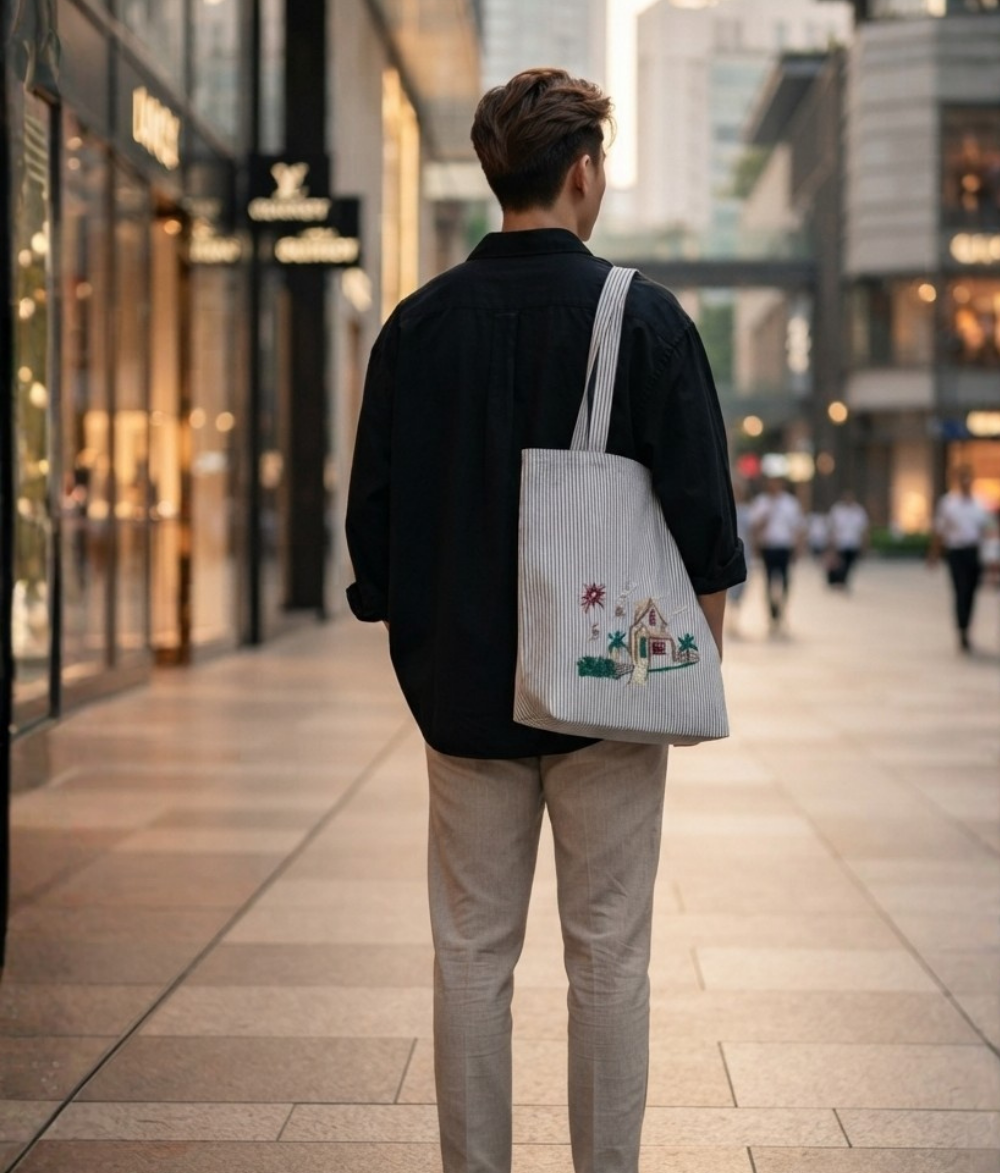 Premium Pinstripe Tote Bag | Textured Cotton Canvas Shoulder Bag