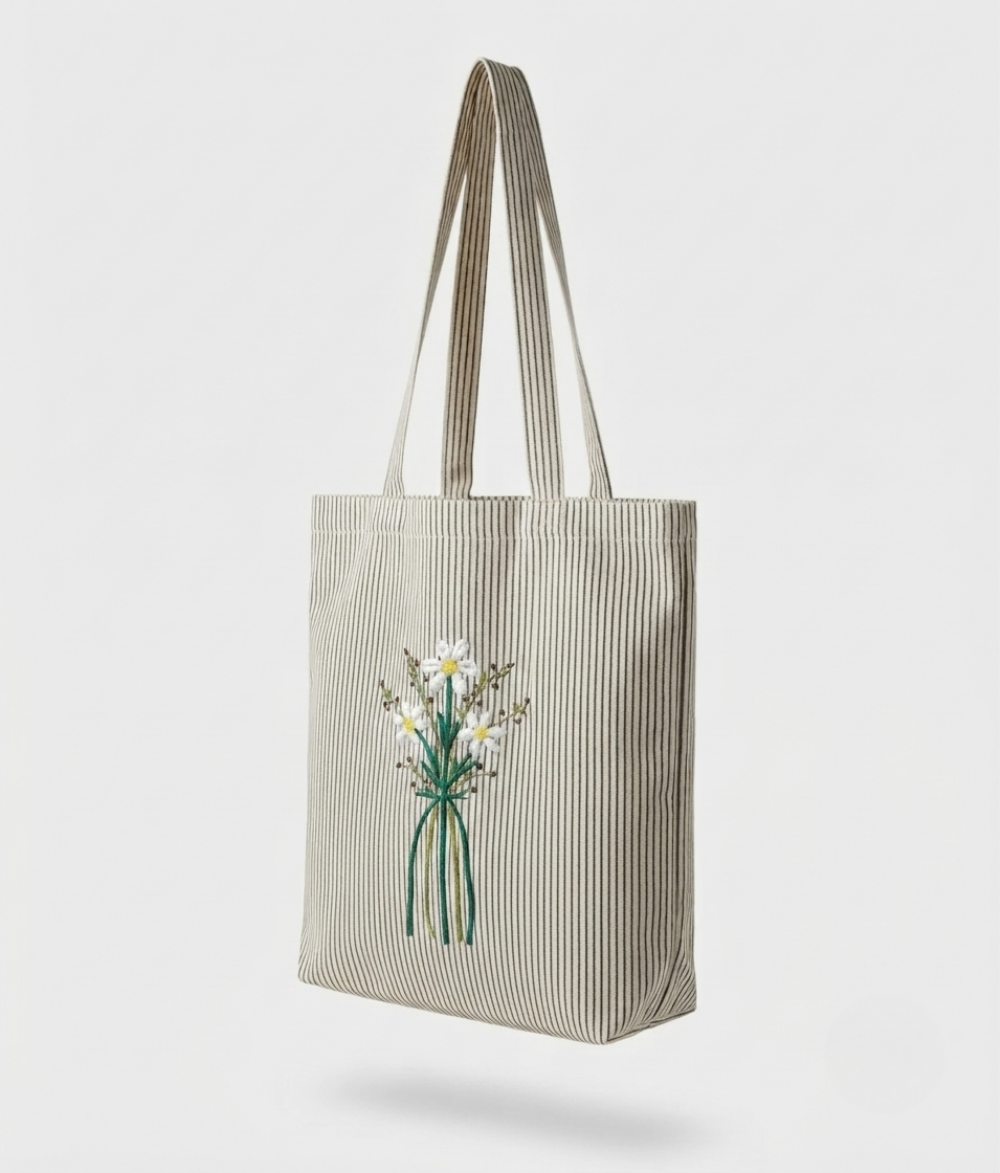 Premium Floral Stripe Tote Bag | Cotton Canvas Shoulder Bag
