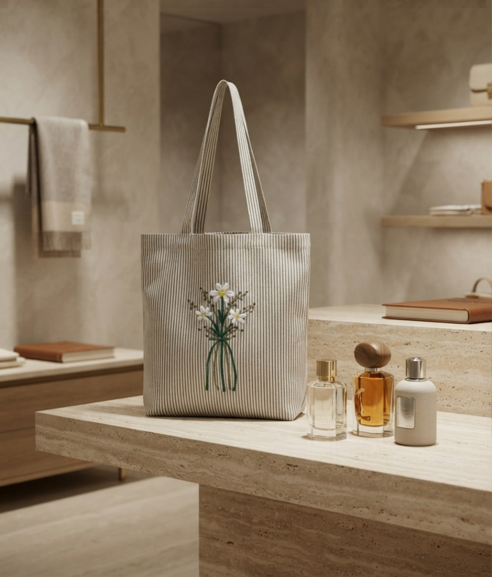 Premium Floral Stripe Tote Bag | Cotton Canvas Shoulder Bag
