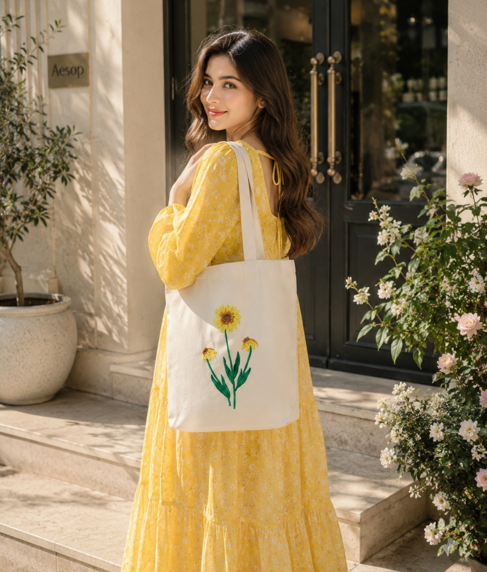 Premium Sunflower Tote Bag | Natural Cotton Canvas Shoulder Bag