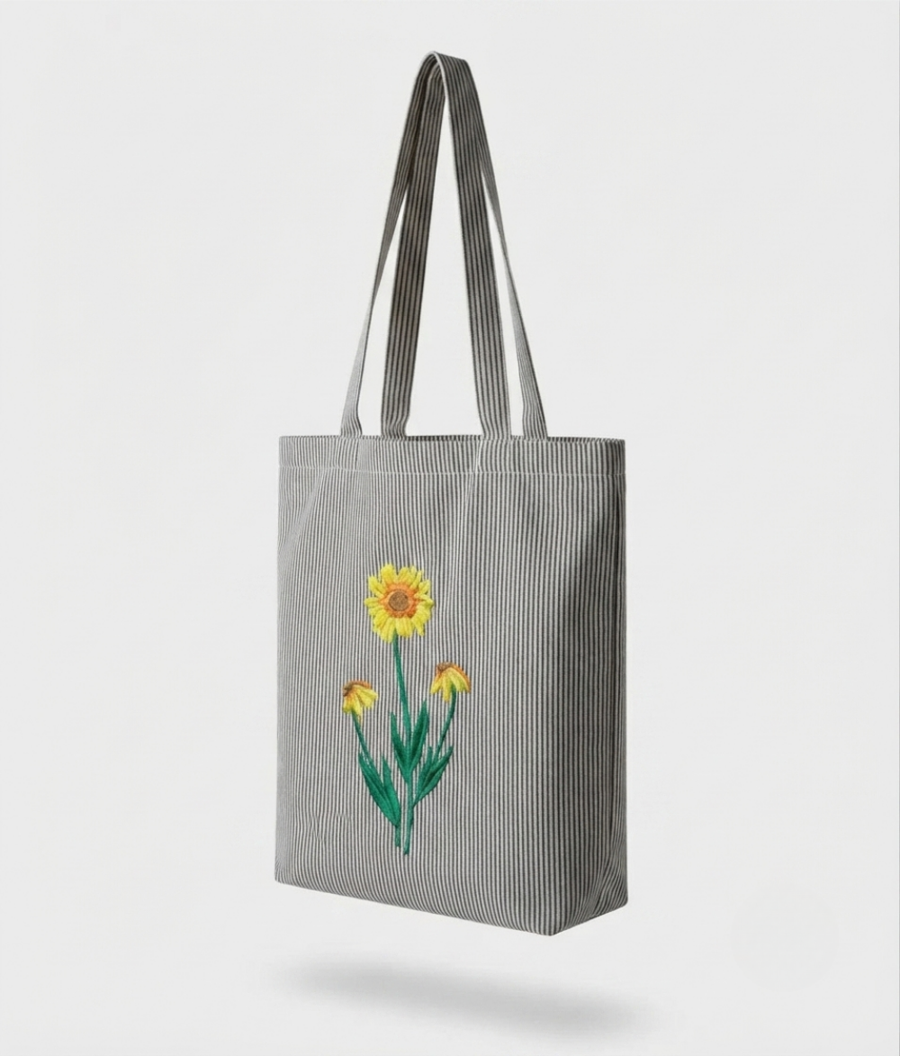 Premium Sunflower Fine-Stripe Tote Bag | Grey Cotton Canvas Shoulder Bag