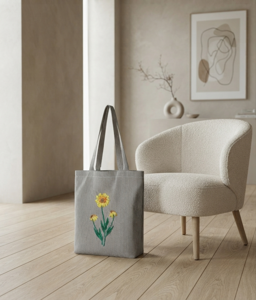 Premium Sunflower Fine-Stripe Tote Bag | Grey Cotton Canvas Shoulder Bag