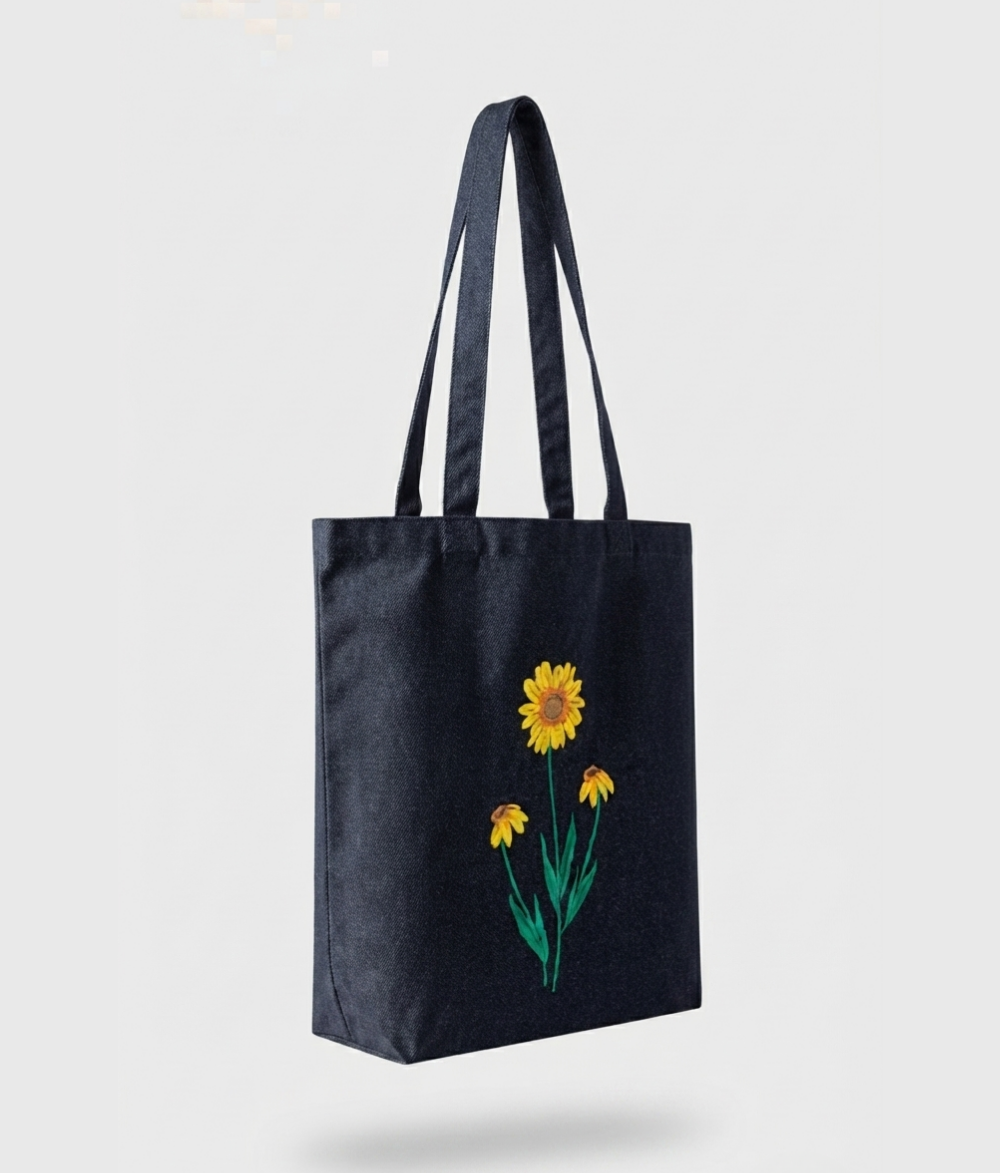 Premium Dark Denim Tote | Floral Bloom Cotton Canvas Shoulder Bag