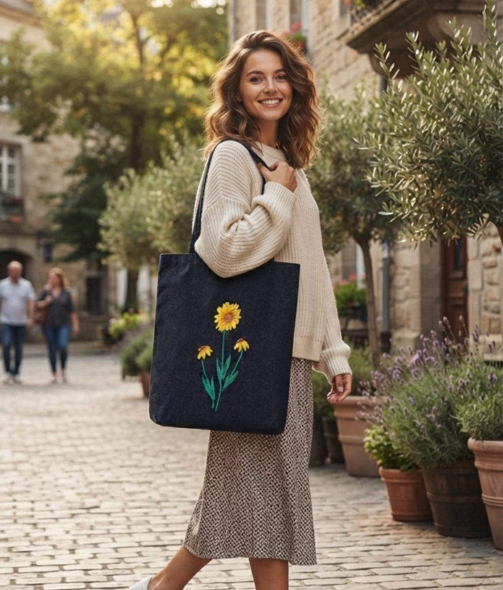 Premium Dark Denim Tote | Floral Bloom Cotton Canvas Shoulder Bag