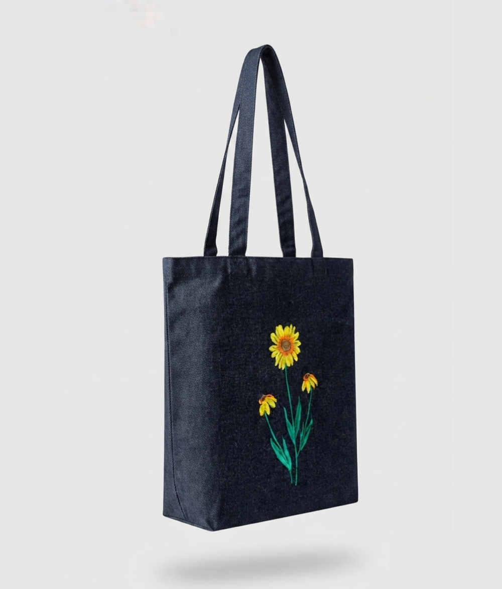 Premium Dark Denim Sunflower Tote | Floral Bloom Cotton Canvas Shoulder Bag