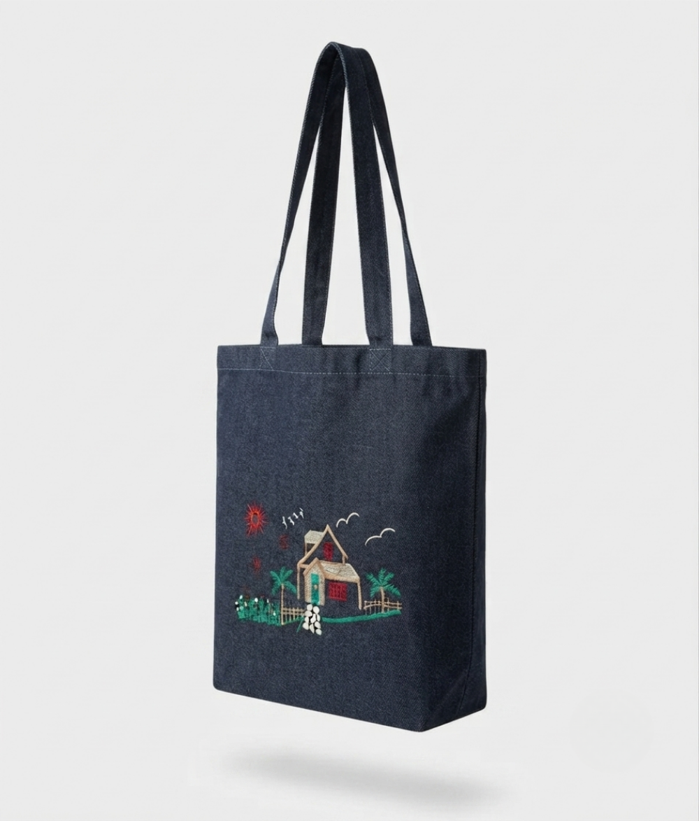 Village Scene Denim Tote Bag | Dark Wash Blue Cotton Canvas Shoulder Bag