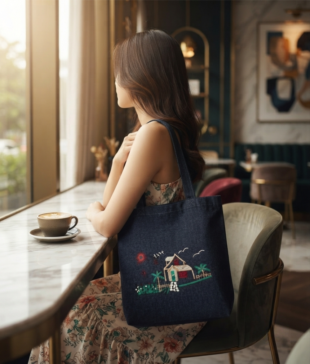 Village Scene Denim Tote Bag | Dark Wash Blue Cotton Canvas Shoulder Bag