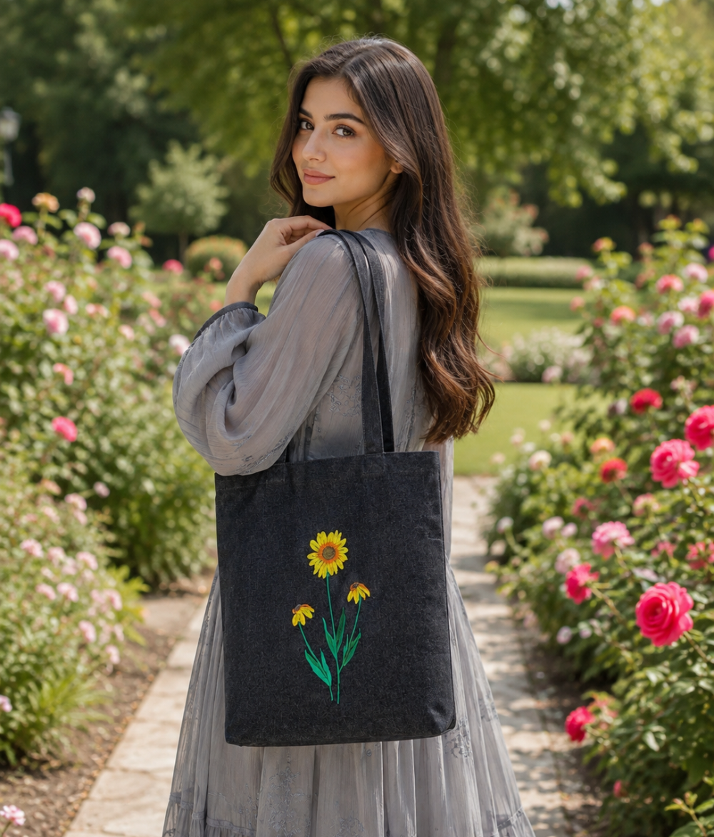 Premium Dark Denim Sunflower Tote | Floral Bloom Cotton Canvas Shoulder Bag