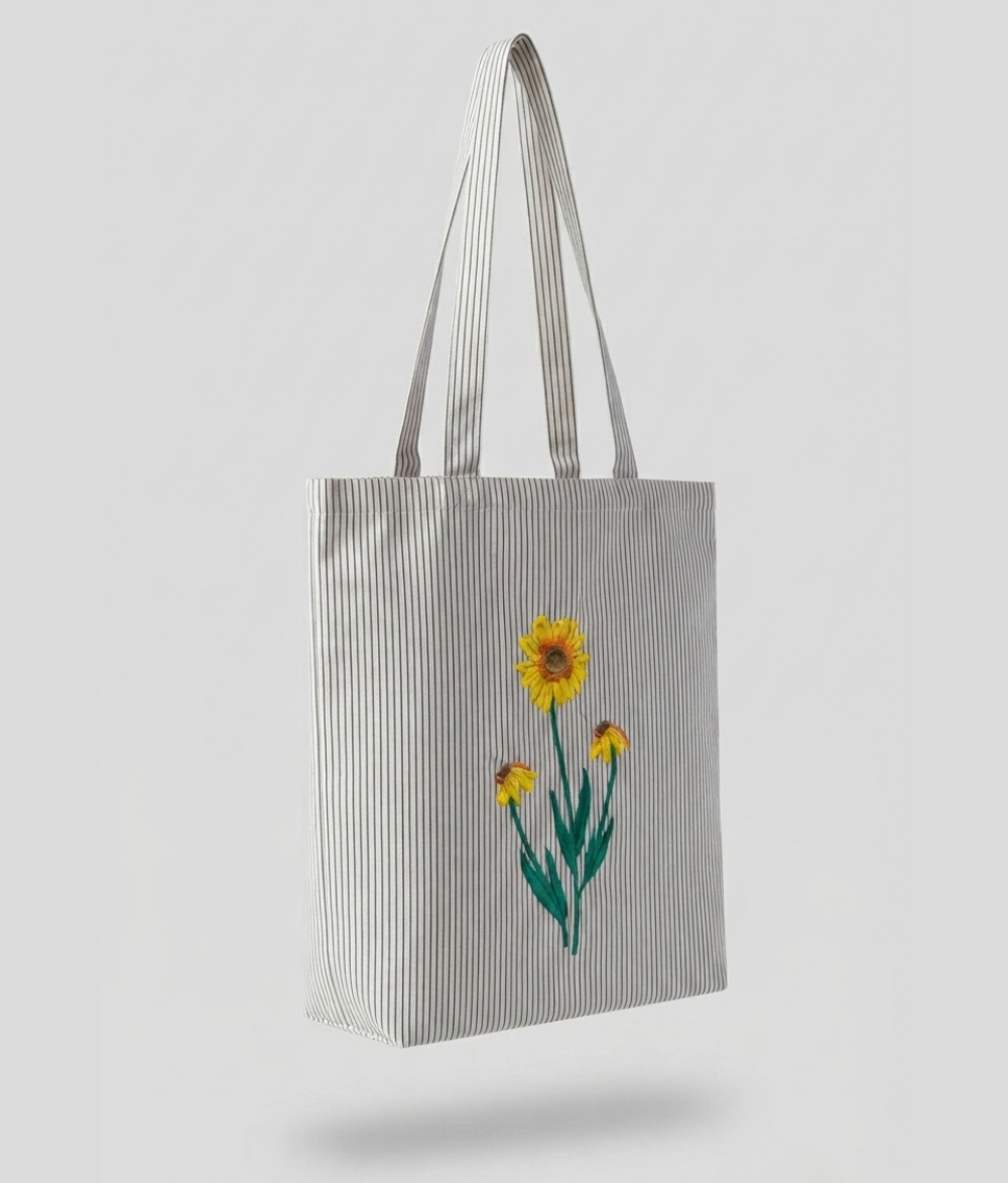 Premium Pinstripe Sunflower Tote | Cotton Canvas Shoulder Bag