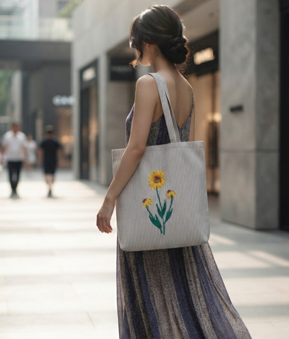 Premium Pinstripe Sunflower Tote | Cotton Canvas Shoulder Bag