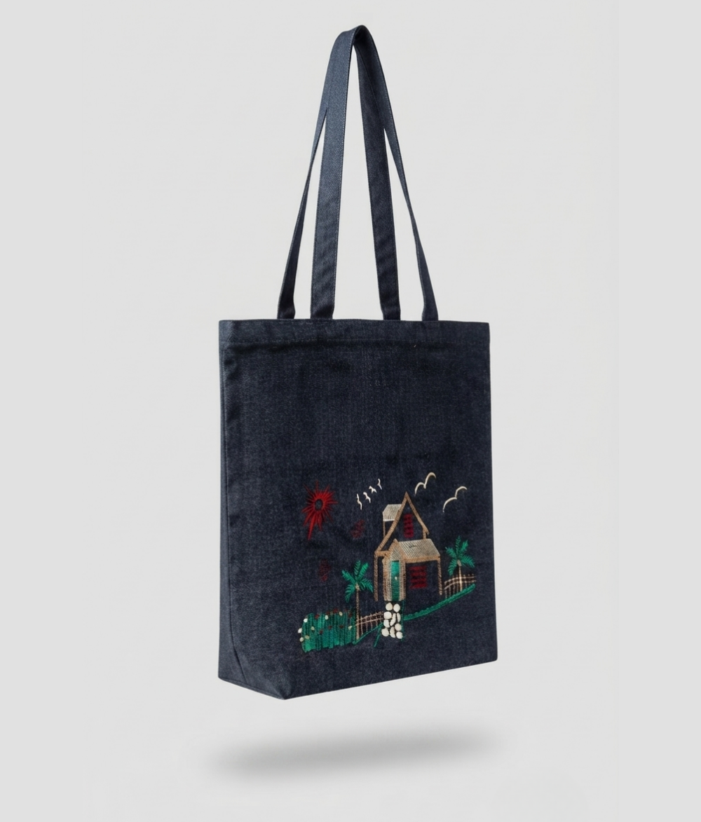 Premium Dark Denim Cabin Tote | Scenic Cotton Canvas Shoulder Bag