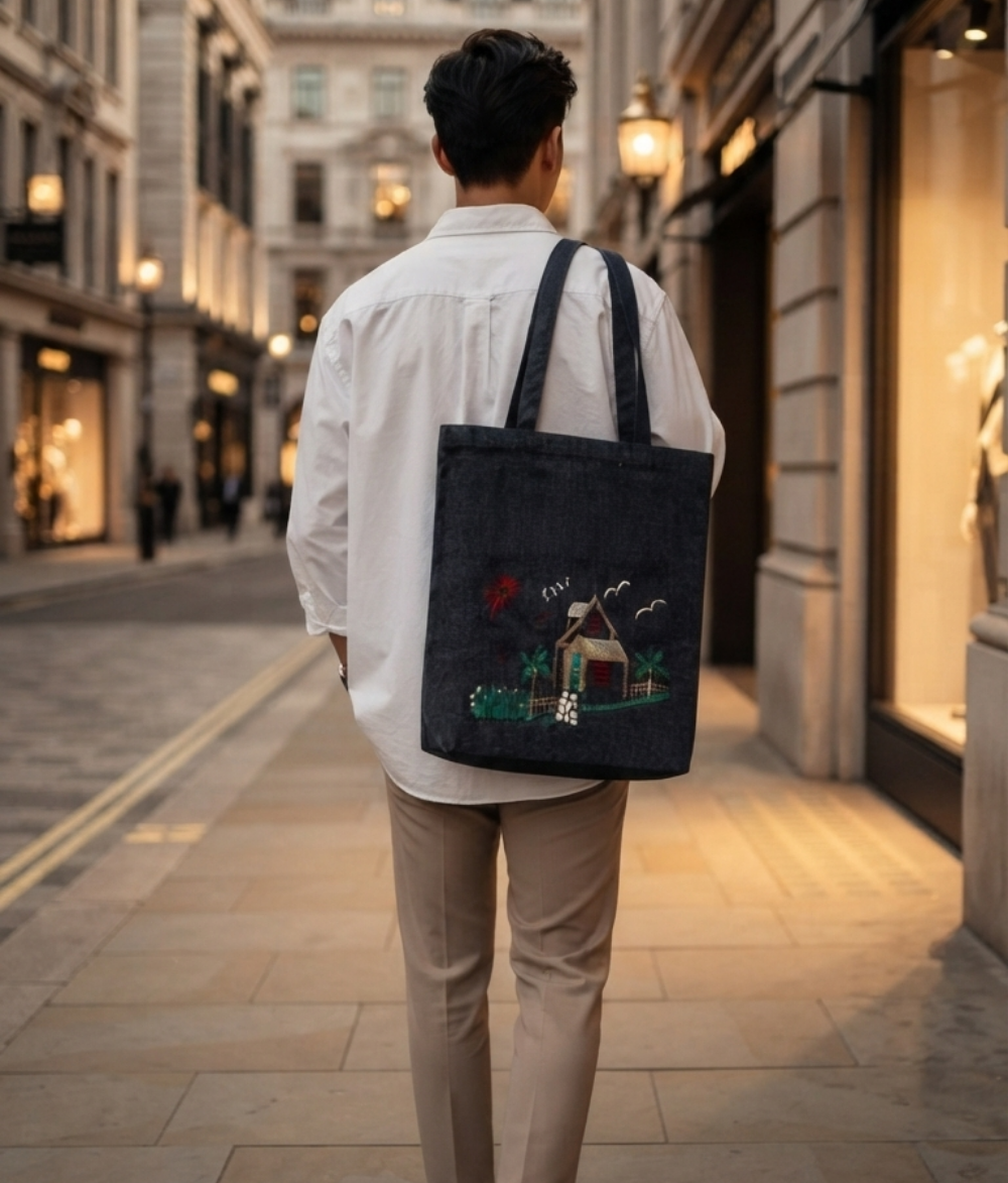 Premium Dark Denim Cabin Tote | Scenic Cotton Canvas Shoulder Bag