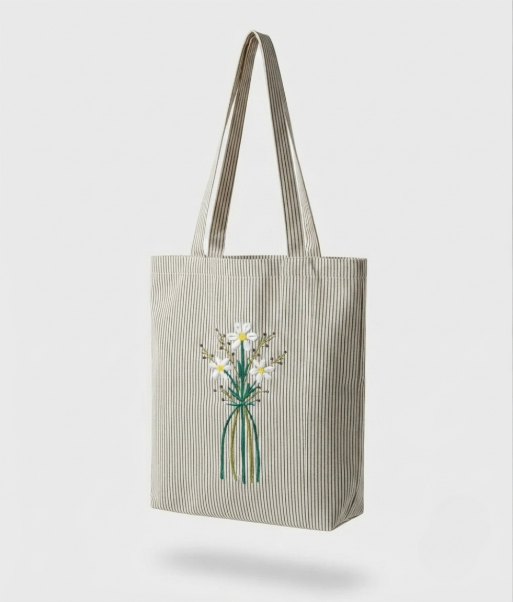 Premium Striped Cotton Canvas Tote Bag | Elegant Floral Accent Shoulder Bag