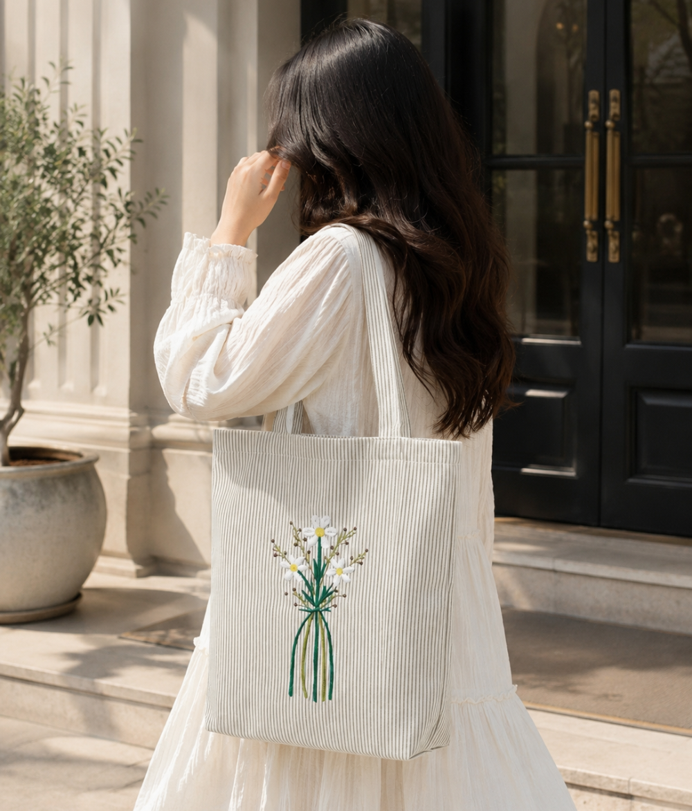 Premium Striped Cotton Canvas Tote Bag | Elegant Floral Accent Shoulder Bag