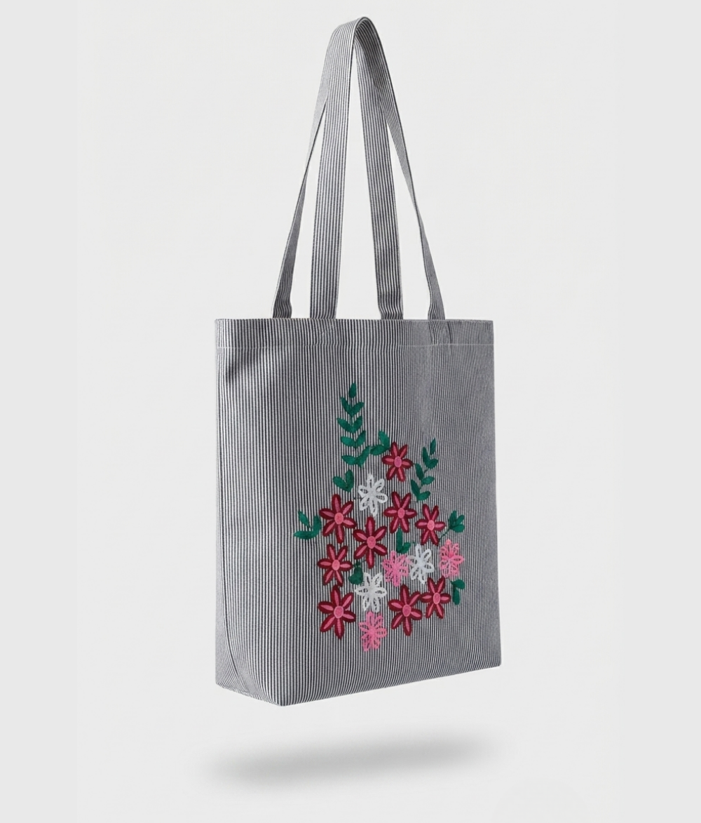 Premium Grey Striped Cotton Canvas Tote Bag | Vibrant Floral Pattern Shoulder Bag