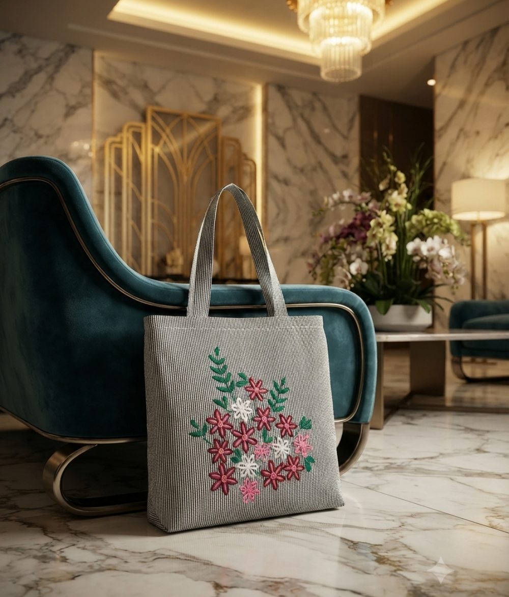 Premium Grey Striped Cotton Canvas Tote Bag | Vibrant Floral Pattern Shoulder Bag