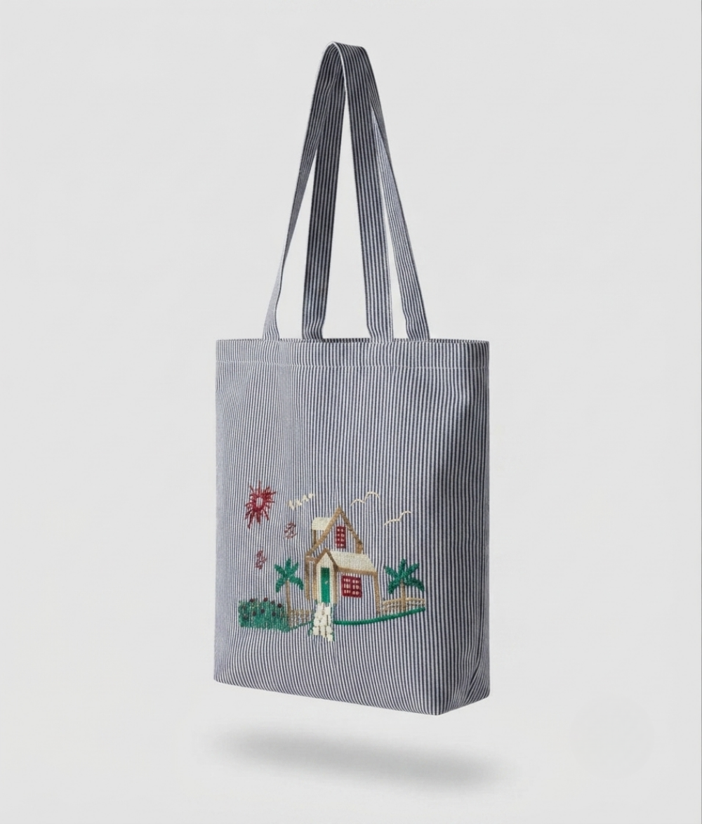 Village Scene Striped Cotton Tote Bag | Grey Cotton Shoulder Bag