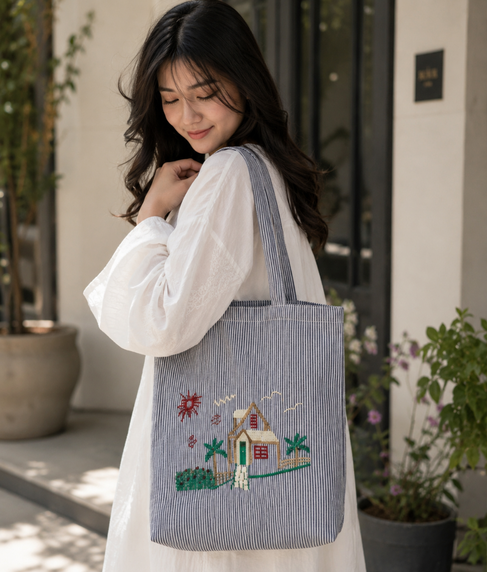 Village Scene Striped Cotton Tote Bag | Grey Cotton Shoulder Bag