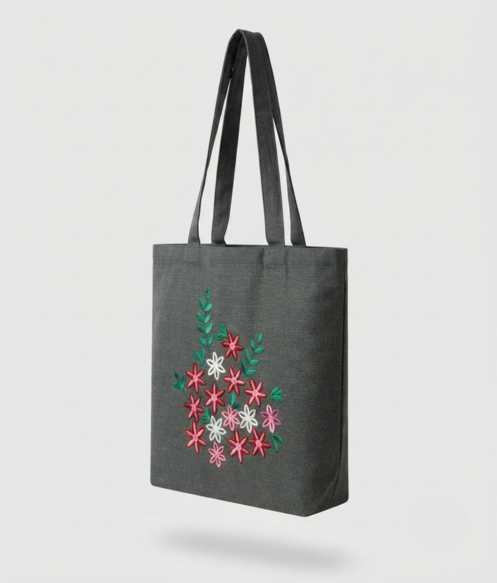 Floral Cotton Tote Bag | Charcoal Grey Cotton Shoulder Bag