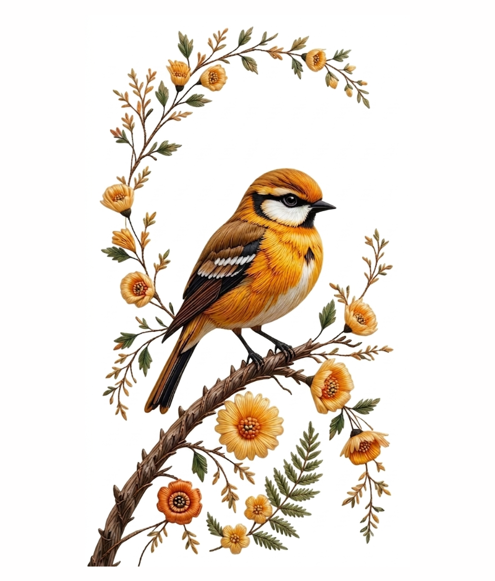 Golden Songbird Embroidered Floral Motif